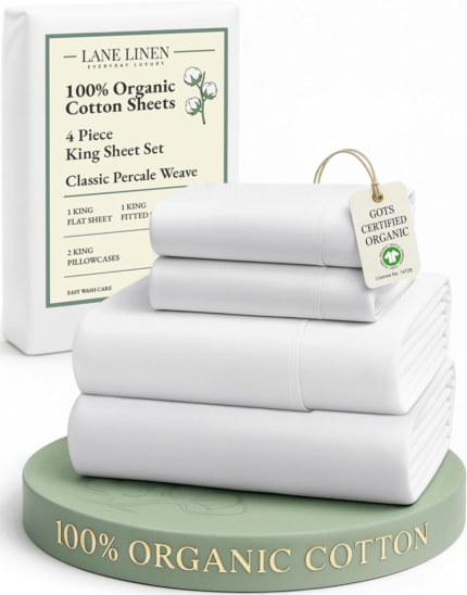 100% Organic Cotton King Size Sheets Set, Soft & Comfy All Season Breathable Sheets King Size, Percale Weave Fully Elasticized Eco Friendly Naturally Cooling King White Bed Sheets