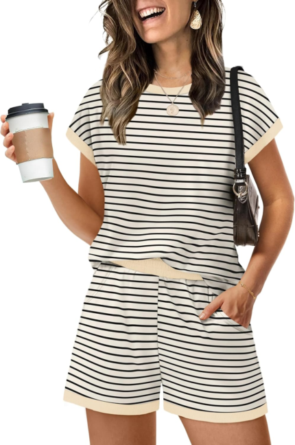 Two Piece Sets for Women Summer Lounge Short Sets Cap Sleeve Crew Neck Sweatsuit with Pocket XS-2XL