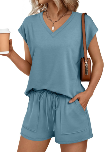 Women 2 Piece V Neck Matching Lounge Sets Clothing Spring Cap Sleeve Shirt and Shorts 2026 Summer Airport Outfit
