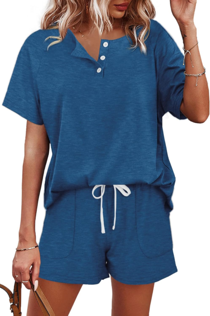 Two Piece Outfits for Women Lounge Sets Button down Top and Shorts Set Sweatsuits with Pockets